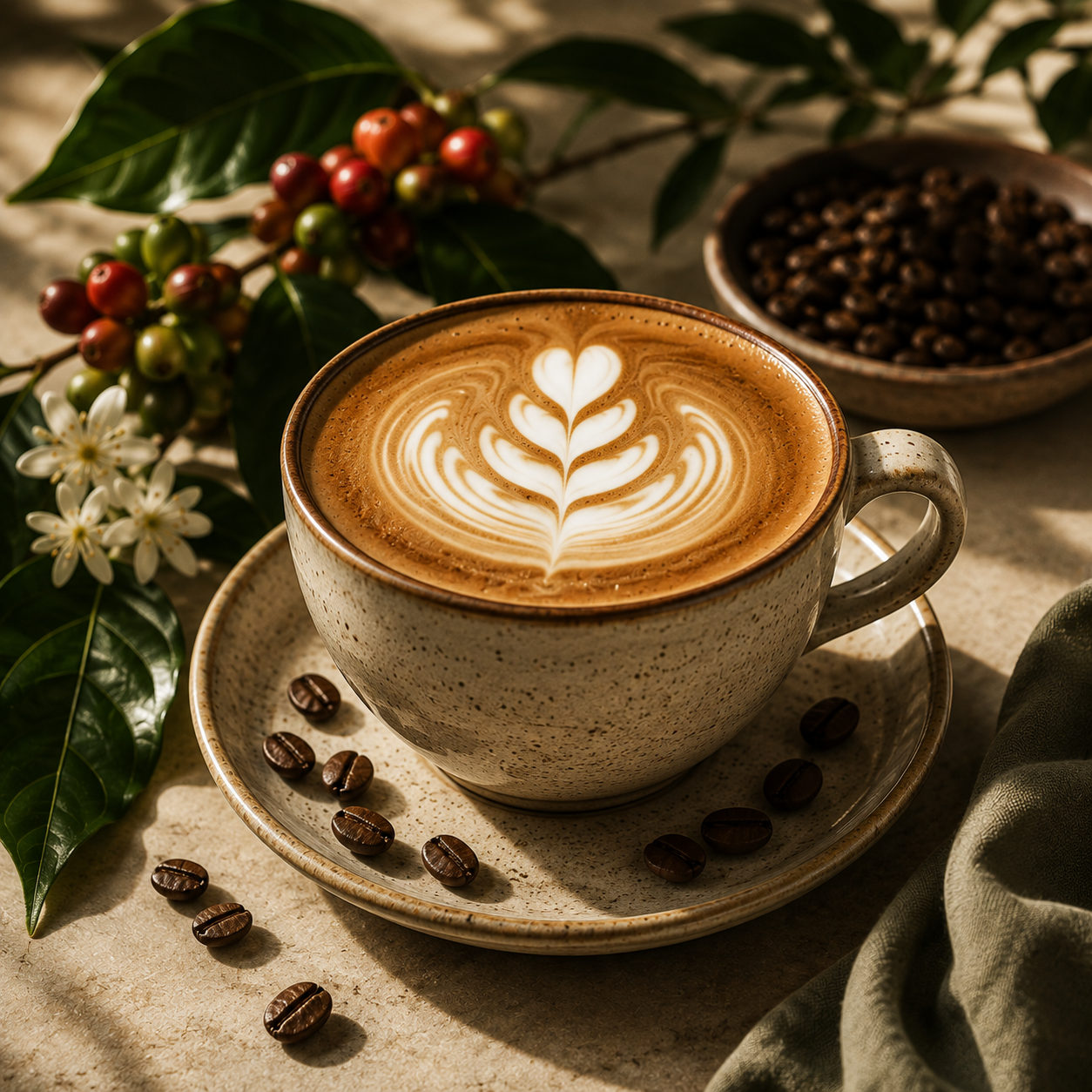 Artisanal coffee surrounded by botanical elements